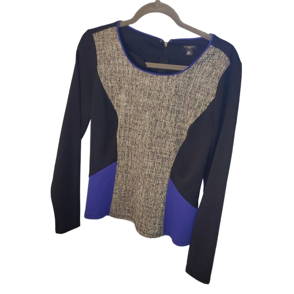Ann Taylor Colorblock Scoop Neck Long Sleeve Top - Black, Gray, Blue